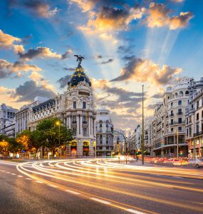 Madrid, Spain cityscape at Calle de Alcala and Gran Via.