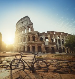Stylish fixie bicycle in front of the Coliseum of Rome